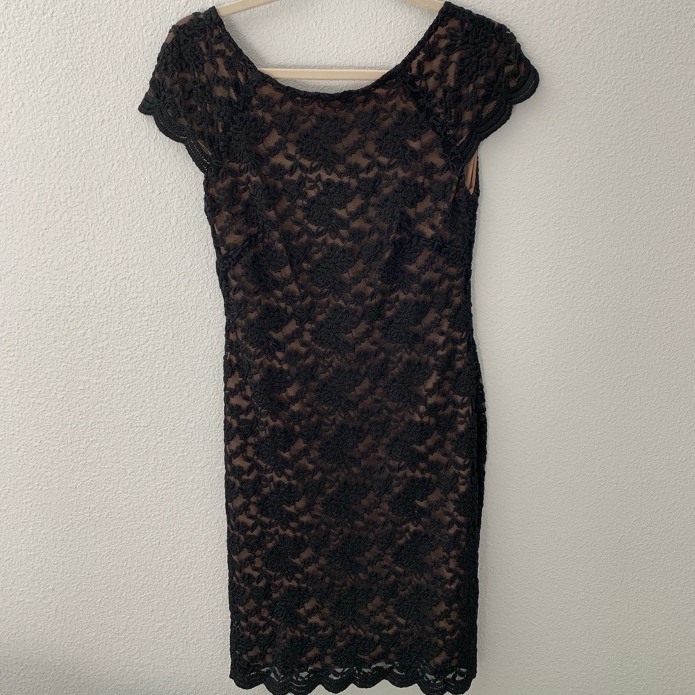 Black Lace Overlay V-Back Sheath Dress